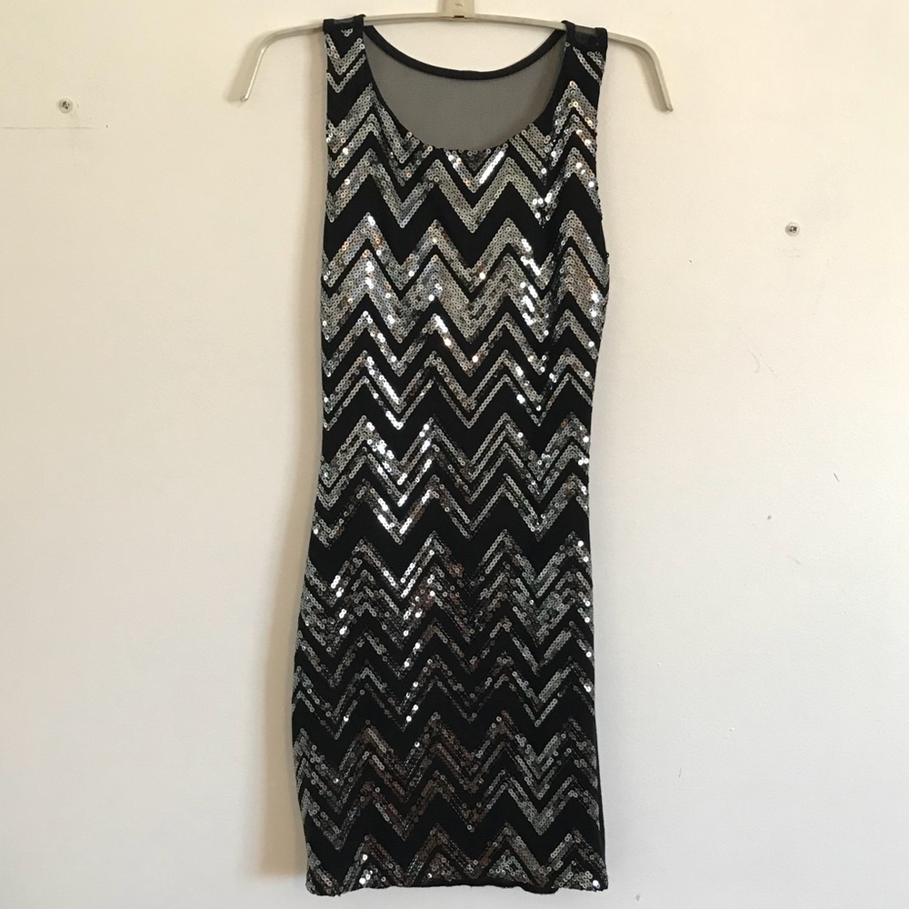 Fitted Silver Sequin Print Mesh Back Dress